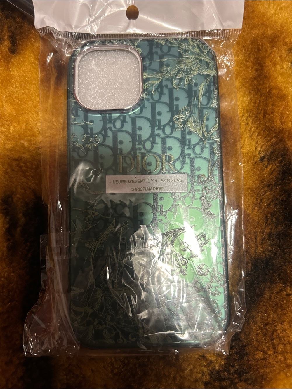 Dior Metallic Green Monogram iPhone 14+ Case with Gold Accents